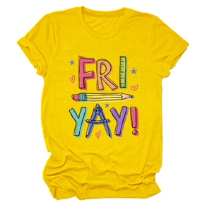 Detail of colorful 'FRI-YAY' school stationery graphic on a yellow cotton t-shirt
