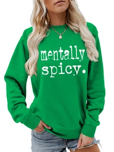 Détail d'un sweat vert à col rond avec imprimé Mentally Spicy et bords-côtes