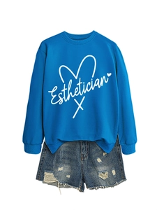Detail of blue Esthetician sweatshirt with denim shorts on white background