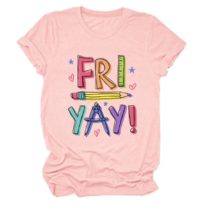 Detail of pink cotton T-shirt featuring hand-drawn Fri Yay pencil and stationery print
