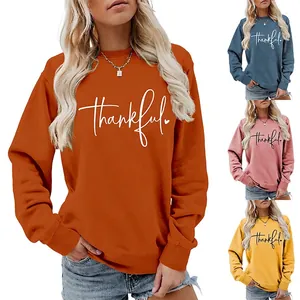 Women Crewneck Sweatshirt Long Sleeve Cotton Blend Thankful Letter Heart Print Loose Casual Streetwear Pullover Tops
