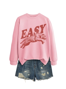 Pink crew neck sweatshirt featuring retro red EASY letter print and running tiger graphic