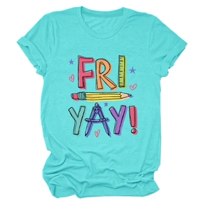Close-up of Fri-Yay pencil graphic print on turquoise short sleeve cotton t-shirt