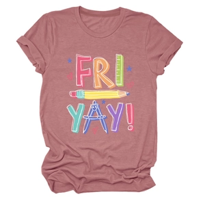Detail of mauve T-shirt featuring FRI YAY pencil and stationery school theme print
