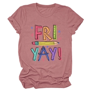 Detail of soft dusty rose T-shirt fabric featuring colorful FRI YAY and pencil print