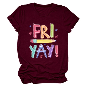 Detail of burgundy t-shirt featuring Fri Yay graphic with pencil and ruler illustrations