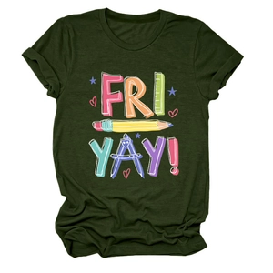 Detail of dark green cotton T-shirt featuring rainbow Fri Yay pencil graphic print