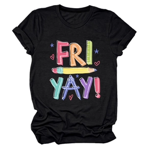 Detail of black cotton T-shirt featuring colorful Fri Yay pencil and school icons print