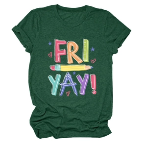 Close-up of Fri Yay pencil graphic on dark green crew neck short sleeve t-shirt