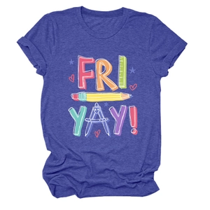 Close-up of Fri Yay pencil graphic and school supplies print on blue heather T-shirt