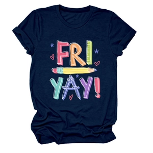 Close-up of navy blue T-shirt with Fri-Yay text and stationery school illustrations