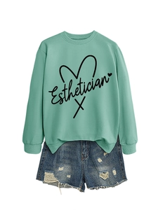 Mint green Esthetician sweatshirt with side slits and distressed blue denim shorts set