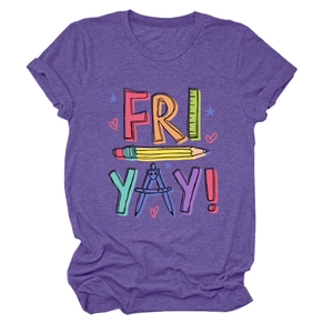 Detail of purple heather t-shirt with creative Fri Yay pencil and stationery print