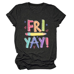 Heathered charcoal t-shirt featuring 'FRI YAY!' graphic with pencil and school stationery