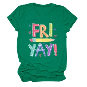 Detail of green cotton T-shirt featuring FRI YAY pencil and ruler graphic design