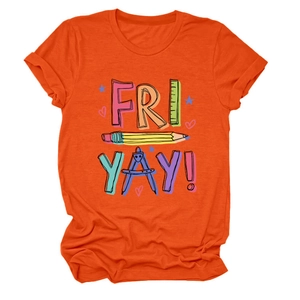 Detail of creative FRI YAY pencil graphics on an orange casual short sleeve cotton t-shirt