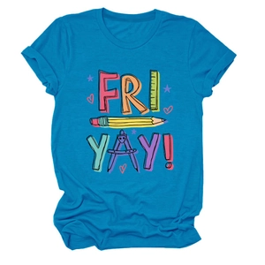 Detail view of Fri Yay pencil graphic print on casual bright blue crew neck cotton T-shirt