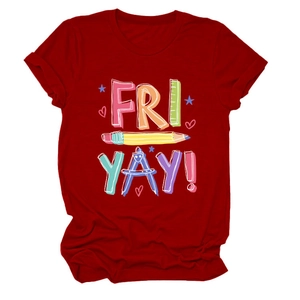 Detail of red crew neck T-shirt featuring FRI YAY pencil and stationery print