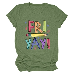 Detail of green cotton T-shirt featuring 'Fri Yay' pencil and stationery graphic print