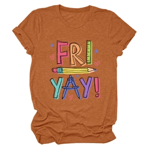 Detail of burnt orange t-shirt featuring Fri Yay pencil and stationery graphic print
