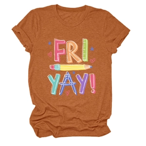 Detail of orange Fri-Yay pencil graphic on a casual round neck short sleeve cotton T-shirt