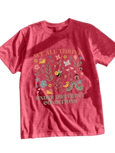 Close-up of Heather Red T-shirt featuring vibrant floral insects and motivational text