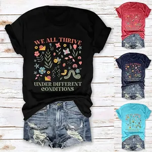 Women Casual Cotton Blend Graphic T-Shirt Nature Insect Floral Slogan Print Crew Neck Short Sleeve Loose Fit Summer Top
