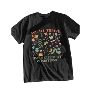 Black T-shirt with WE ALL THRIVE cartoon insect and floral illustration design