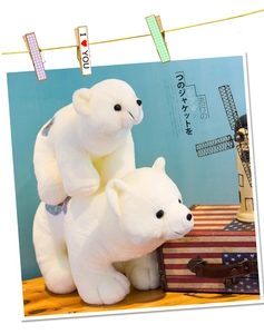 Detailed view of large and small polar bear plush toys with soft white fur texture