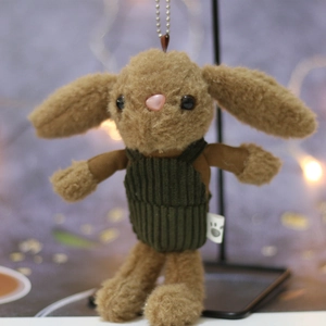 Cute brown plush rabbit keychain wearing dark green corduroy overalls on a metal hook