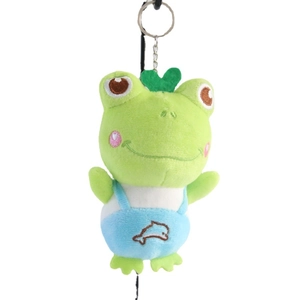 Cute long-legged frog plush keychain with blue overalls and silver metal clip hook