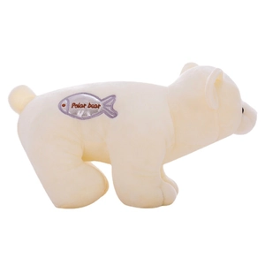 Cute white polar bear plush toy with soft fabric and fish embroidery on the side