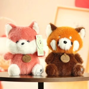 Adorable plush animal dolls with soft fur textures on a dark wood table background