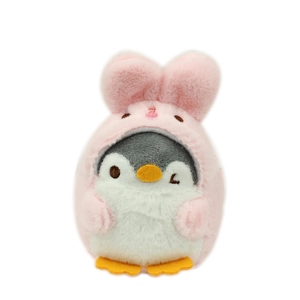 Plush penguin keychain in pink bunny hoodie with soft textures and cute round shape