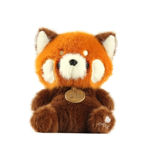 Cute red panda plush doll with fluffy orange fur and Love embroidery on the paw
