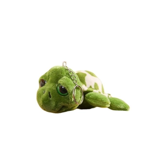 Cute green plush turtle keychain with white spotted shell and silver metal ring