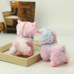 Close-up of colorful plush alpaca keychains with beaded collars and metal rings