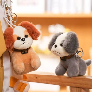 Cute plush puppy keychains in orange and grey colors with secure metal clasps