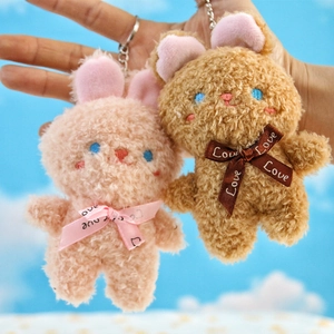 Ciondoli peluche coniglietto rosa e marrone con fiocchi Love e portachiavi in metallo