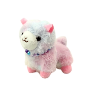 Colorful plush alpaca keychain in pink and blue faux fur with a decorative bead necklace