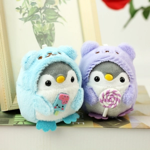 Plush penguin toy set in light blue and lavender, featuring hoodies and cute treats
