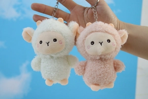 Dettaglio di portachiavi a forma di pecora in peluche con ricami e anelli in metallo in mano