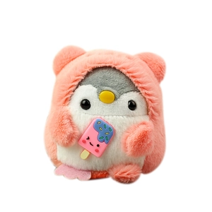 Cute penguin plush doll pendant in a pink animal costume with a popsicle charm