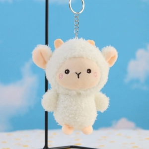 Simpatico portachiavi a forma di pecora di peluche bianca con morbida pelliccia riccia