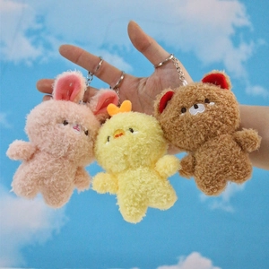 Cute plush animal keychain set featuring a rabbit, duck, and bear with soft curly fur