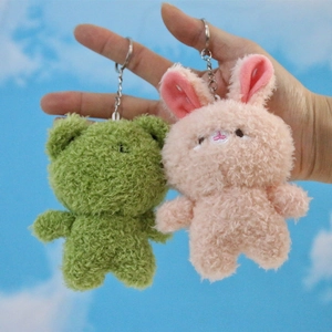4-inch plush animal keychain set featuring green frog and pink bunny in soft fleece fabric