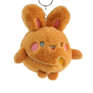 Cute orange-brown plush bunny keychain with carrot embroidery and silver metal ring