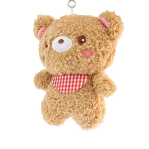 Cute brown plush bear keychain with red plaid scarf and pink heart embroidery