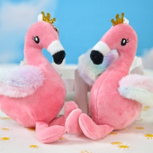 Pink flamingo plush toy with rainbow wings and gold crown for bag decoration