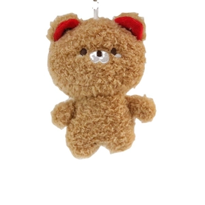 Brown curly plush bear keychain with red ear accents and embroidery for backpack charms